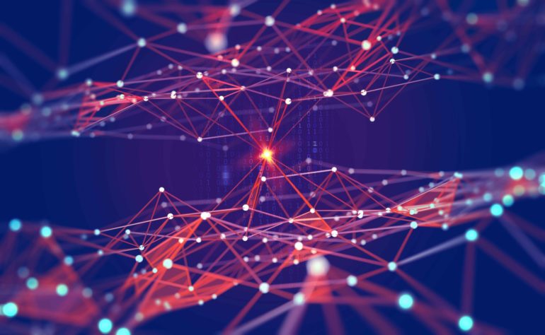 Global network. Blockchain. 3D illustration. Neural networks and