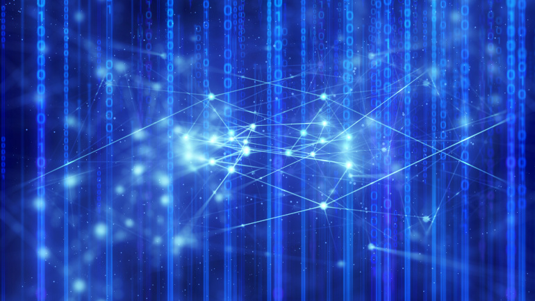 3D Rendering of blur binary data with dots and lines. Depth of field effect applied. Concept for big data, deep machine learning, artificial intelligence, business technology background